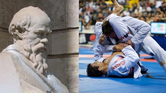 A sculpture of Socrates stares pensively at a man on his back choking another man with his legs during a jiu jitsu tournament