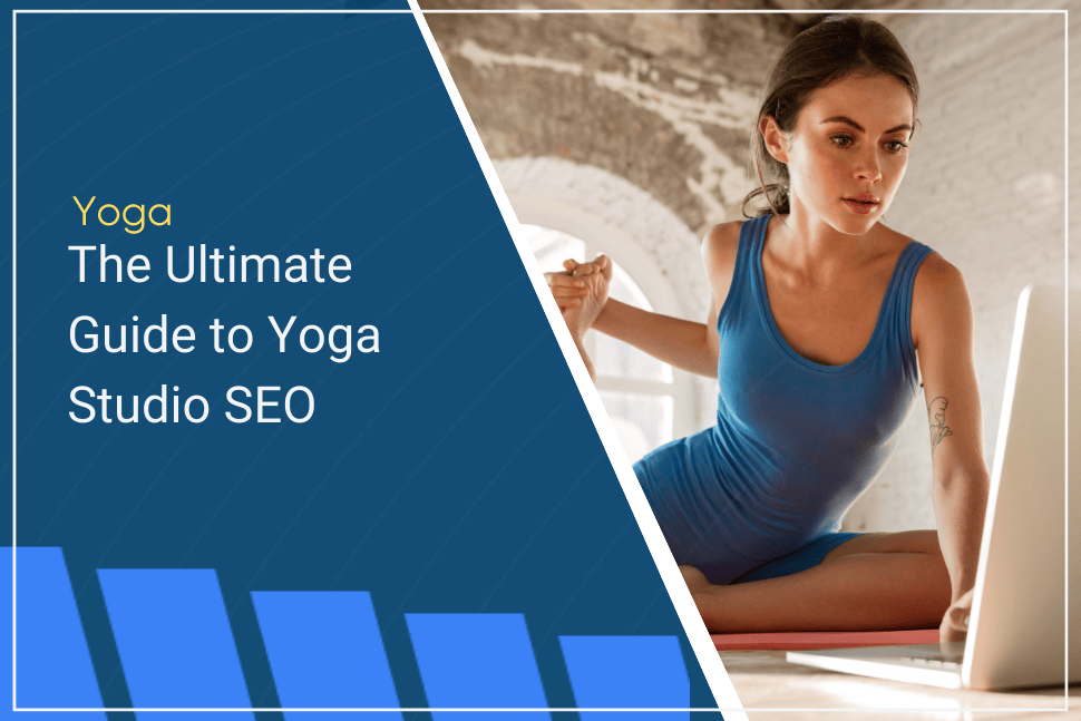 yoga seo: woman searches for yoga studios on her computer while stretching