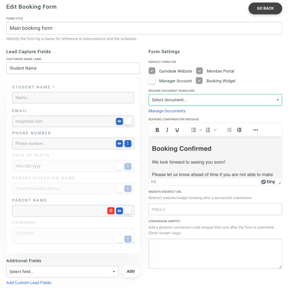 booking form