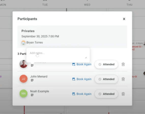 Participant list in Gymdesk schedule